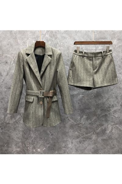 

waist-tight slimming suit shorts two-piece womens clothing autumn european goods new striped business suit 9y, White;black