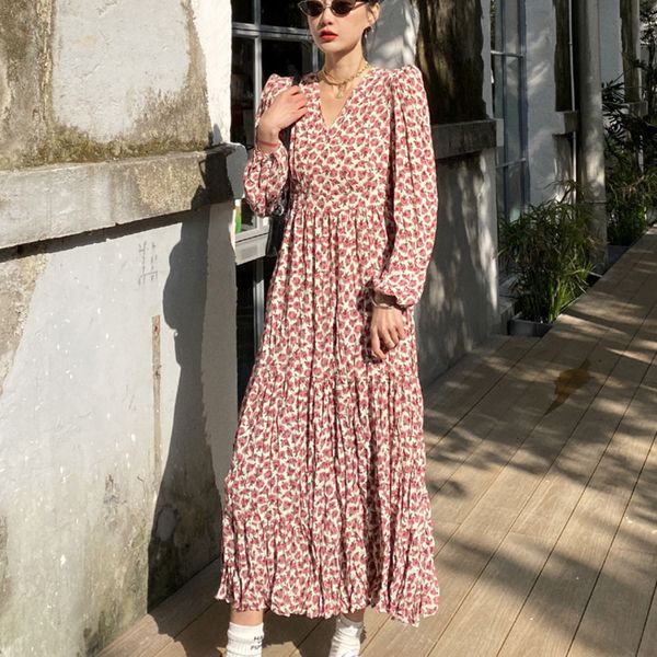 

dress spring autumn long sleeve floral print vintage women tunic pleated beach boho maxi dresses vestidos ropa mujer mo1w, Black;gray