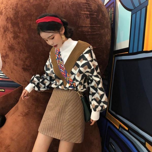

women set two pieces knitted autumn winter pullover sweater + skirt suitsweater casual fashion vintage knitting outfit women's piece pa, White