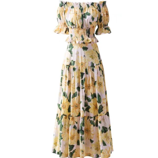 

women's runway two pice dresses slash neckline short sleeves ruffles blouse with floral printed skirt sets, White