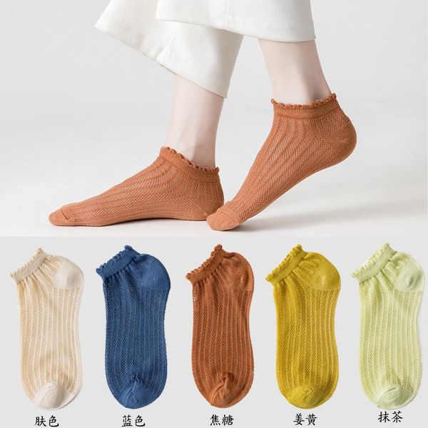 

socks & hosiery 5 pairs lady summer hollowed-out net boat low-cut lovely lace thin ins style tide pure color cotton breathable women sock, Black;white