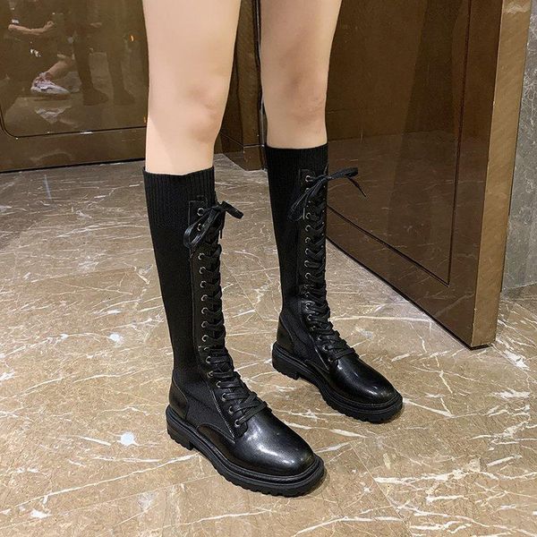 

boots black sock knee high women stretch fabric flat elegant knitted elasticity long botas altas mujer