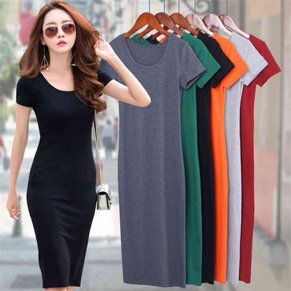 Baumwolle T-Shirt Kleider Sommer Frauen Lange T-shirt Kleid Weibliche, Figurbetontes Kleid Tank Weibliche Dame Schwarz Kurzarm Vestido Sexy MD1 210331