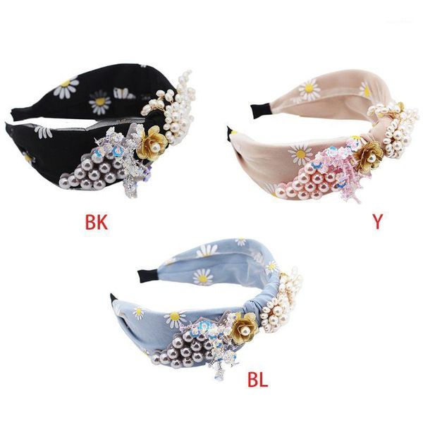 

women sweet daisy headband imitation pearl beaded floral hair hoop sequins tassels twist knot wedding prom headdress1