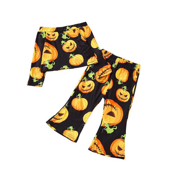 

infant clothing sets girls outfits baby clothes halloween pumpkin printed long sleeve blouses flared trousers 2pcs suits b7611, White