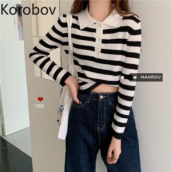 

korobov 2021 summer arrival sueter mujer korean long sleeve knitwear crop vintage harajuku streetwear sweaters women's, White;black