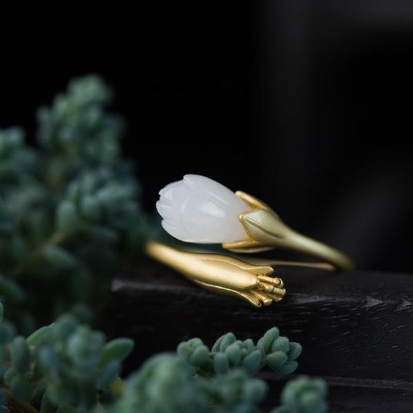 

natural hetian white magnolia flower opening adjustable ring chinese retro unique ancient gold craft women's jewelry cluster rings, Golden;silver