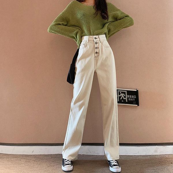 

korean fashion breasted high waist jeans loose thin wide leg straight pants casual temperament light women's & capris, Black;white