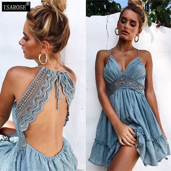 

isarose summer bohemian dress 7 colors lace-up backless hollow waist v neck one-piece vacation party lady bandage beach dresses 210422, Black;gray