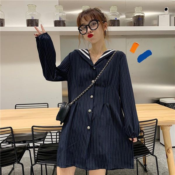 

casual dresses spring fall sailor collar mini-dress fashion brand long sleeve striped sweet vestidos korean style women's clothing, Black;gray