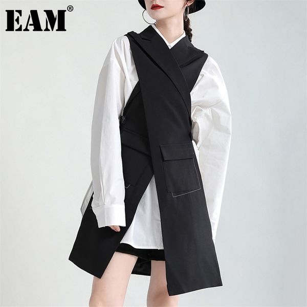 

[eam] women loose fit black irreuglar cross long casual vest lapel sleeveless fashion spring autumn 1de2343 211120, Black;white