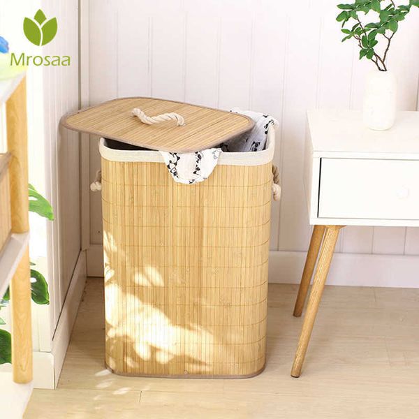 Armazenamento Dobrável Cesto de Lavanderia Organizador Mão-tecido Grande Capacidade Bambu Cestas Cobertura Roupa Roupa Brinquedos Bucket De Armazenamento 210719