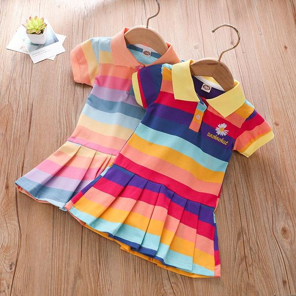 

girl's dresses girls rainbow pleated dress spring summer turn-down collar kids clothes fashion baby clothing, Red;yellow