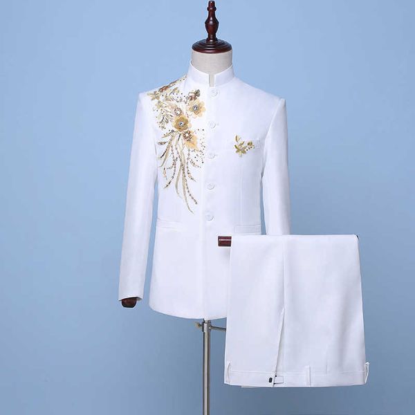 2019 Stile cinese Bianco Colletto alla coreana Abiti da uomo Fiori dorati Paillettes Costume da giacca da cantante in due pezzi (giacca + pantaloni) X0909