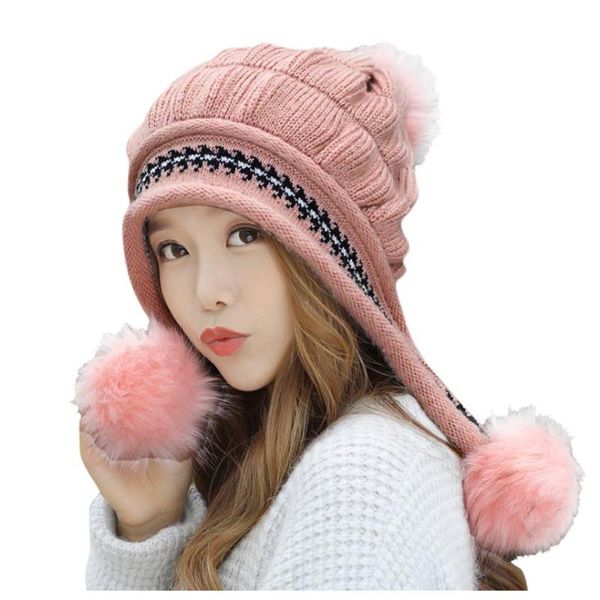 

beanie/skull caps cold winter women knitting ushanka hat beanies snow girls thick warm ear protector bomber fur hats skullies patchwork, Blue;gray