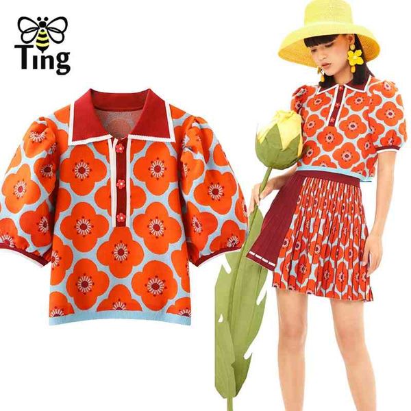 

summer designer street fashion chic peper pan collar flower printing puff sleeve sweater pullovers knitting brand 210513, White;black
