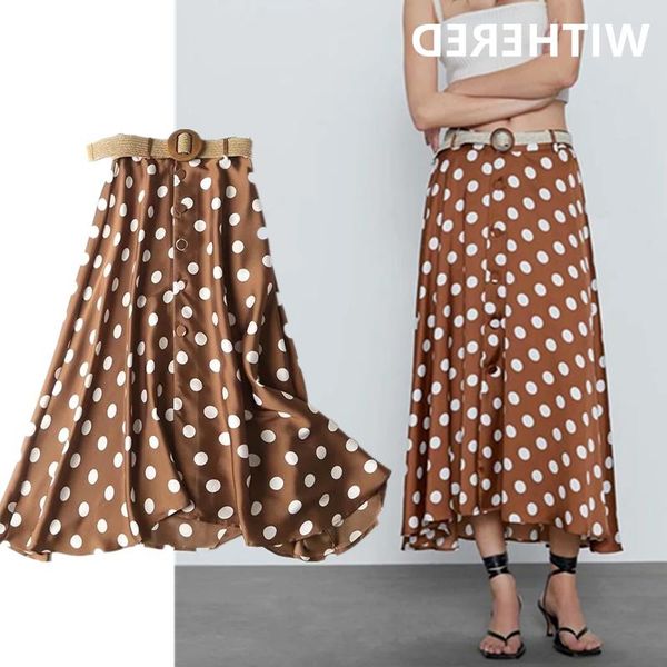 

skirts england office dave&di lady vintage polka dot high waist sashes loose midi skirt women faldas mujer moda 2021 long womens, Black