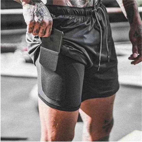 

double layer jogger shorts men 2 in 1 short pants gyms fitness built-in pocket quick dry beach male sweatpants 210716, White;black