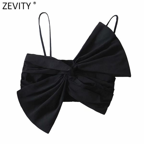 

women bow knotted black sling blouse female back elastic spaghetti strap shirts chic slim crop ls7675 210420, White