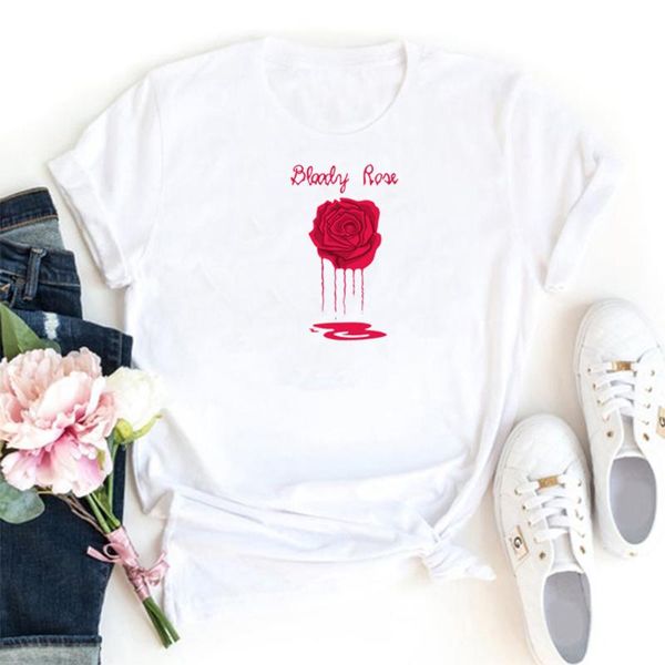 

women's t-shirt red rose women funny aesthetic clothes tee short sleeves t shirts loose personality white camisetas mujer