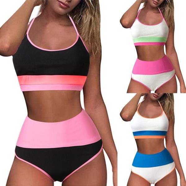 

women's swimwear high waist 2021 bowknot button bikinis women swimsuit vintage retro bathing suit halter biquini maillot de bain femme, White;black