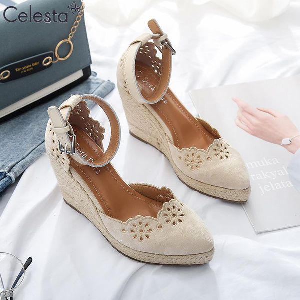 

sandals celesta high-heeled wedge shoes hollow flower espadrilles breathable women's female pointed high heels 10cm, Black