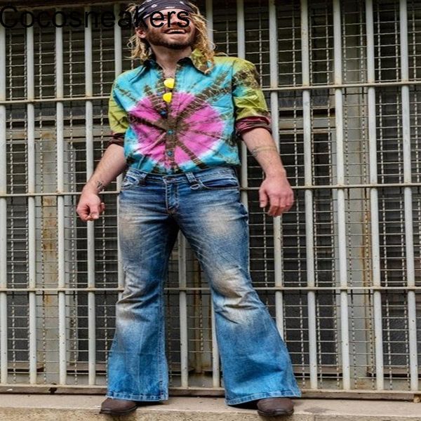 

men's jeans ins punk blue high waisted embroidered flared pants