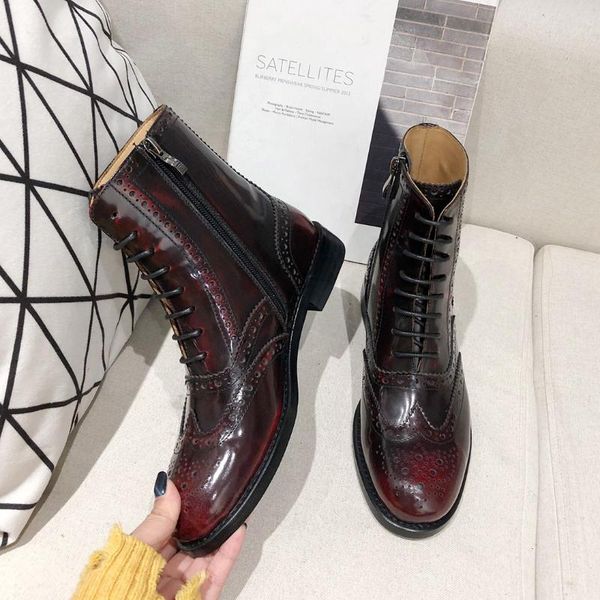 

boots donna-in 2021 autumn winter for women handmade brogue vintage brushed patent genuine leather burgundy designer shoe, Black