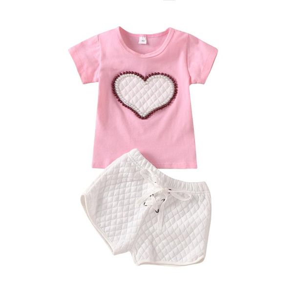 

cotton girls clothing sets summer toddler kids baby love embroider bead solid two piece casual short outfits 2021, White