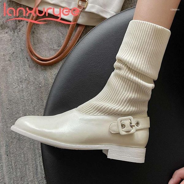 

boots lanxuryee 2021 genuine leather round toe low heel knitting korean street elegant lady daily wear mid-calf l8811, Black