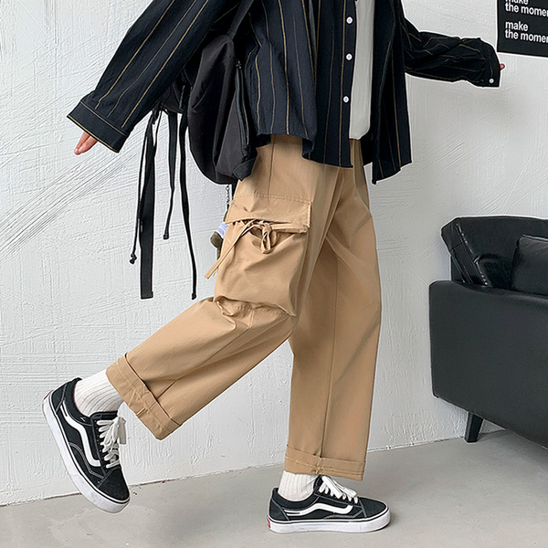 

men casual pants harajuku cargo pockets ankle-length solid all-match retro classic streetwear fashion baggy couple daily lace-up, Black