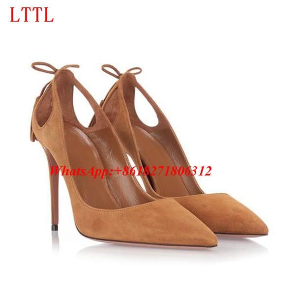 

brand nubuck leather pointed toe ladies stiletto shoes slip on women fringe high heels cut-out lace-up tassel pumps dress, Black