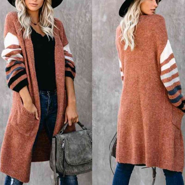 

striped cardigan coat womens pockets sweater long women warm s thick knitted female autumn winter 210603, White