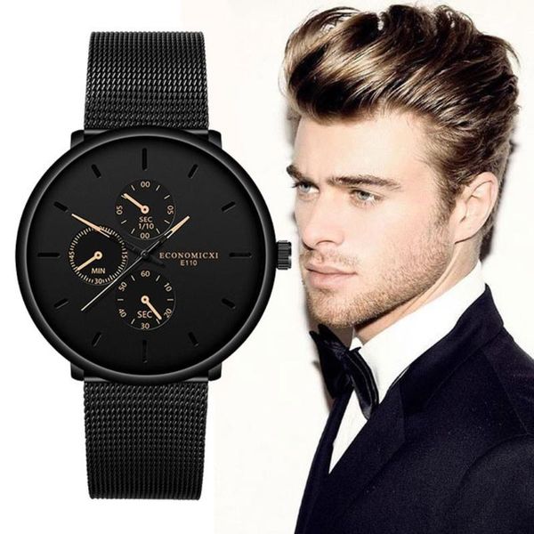 

wristwatches fashion men business watch simple stainless steel mesh belt three eyes and six pointer quartz reloj hombre, Slivery;brown