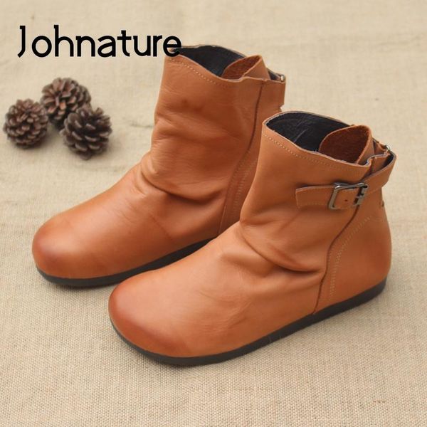 

boots johnature shoes women genuine leather 2021 round toe buckle strap flat with retro sewing handmade platform, Black