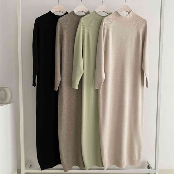

casual dresses japanese style autumn winter knitted dress half high collar long loose sleeve solid color straight women's ke95, Black;gray