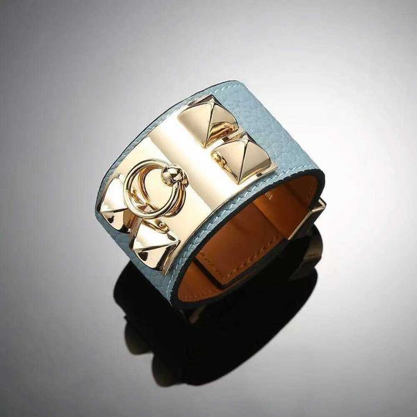 

9 colors punk style stainless steel rivets black brown cowhide genuine leather bracelet bangle for women fashion jewelry db004 q0720