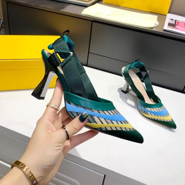 

dress shoes 2021 pumps pointed toe women net yarn fashion genuine leather back strap high heels woman, Black