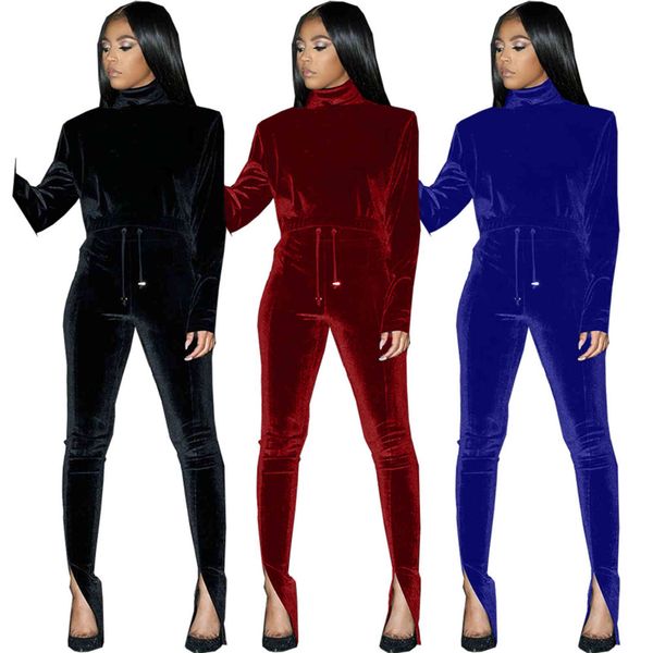 

women solid two piece pants set high neck long sleeve short tshirt lace up split trousers famale casual set, White