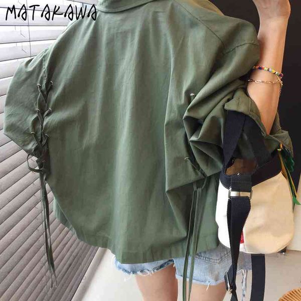 

matakawa spring retro lapel women jacket back strap loose coat long sleeve tooling shirt casual jackets for women 210513, Black;brown