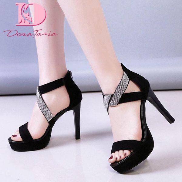 

dora tasia 2021 brand design flock women sandals thin heels peep toe flatform crystal pumps summer party woman shoes, Black