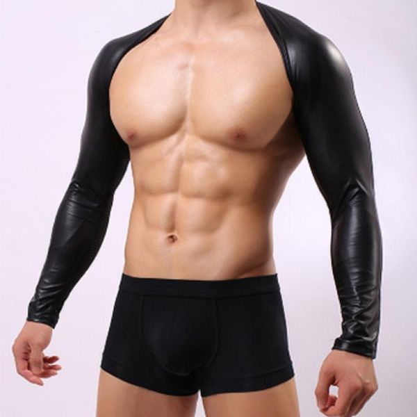 

bras sets men faux leather vest dj backless exposed chest fad sleevelet glossy breathable mesh shawls bodysuit with tight sleeves, Red;black
