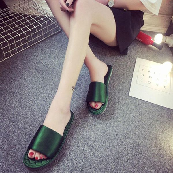 

summer fashion flat-bottomed flip flops female satin imitation silk slippers indoor non-slip sandals and, Black