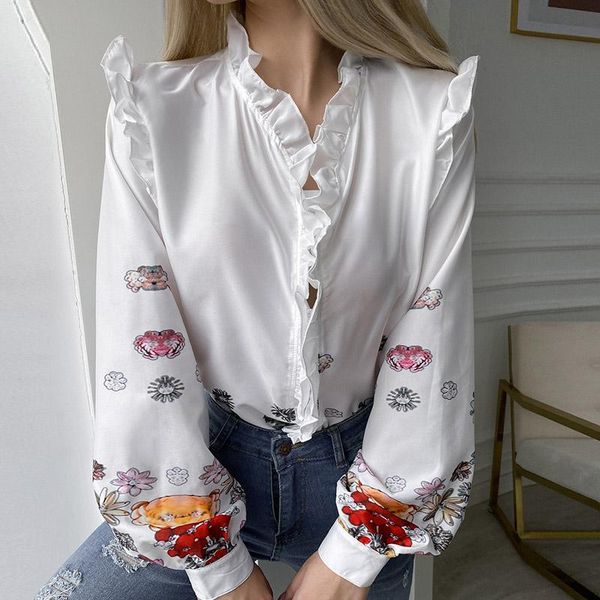 

women's blouses & shirts women v neck embroider lace hollow out blouse 2022 spring long sleeve ruffle autumn elegant office lady mujer, White