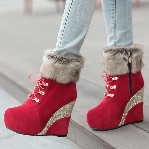 

arrivals chic winter shoes boots women big size 43 wedges high heels add fur snow booties, Black
