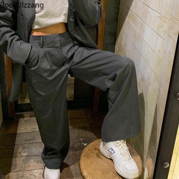 

women's pants & capris rockulzzang streetwear high waist loose straight long suit pant ladies office zipper button slim trouser solid g, Black;white