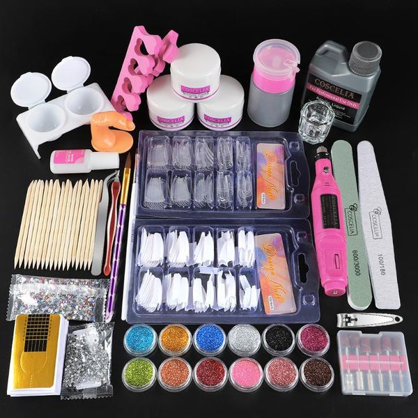 

nail art kits full manicure set pro acrylic kit with drill machine liquid glue glitter powder tips tool