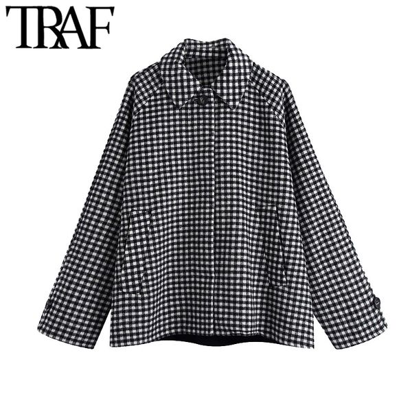 

traf women fashion loose check woollen jacket coat vintage long sleeve pockets plaid female outerwear chic 210415, Black;brown