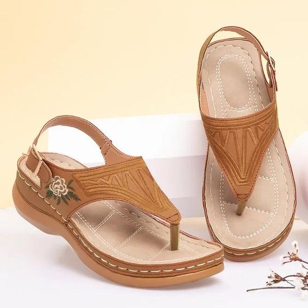 

women sandals 2021 summer flip flops fashion flower causal wedges embroidery shoes beach open toe ladies plus size, Black