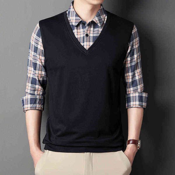 

autumn fake two piece long sleeve t-shirt plaid stitching v-neck men's shirt collar middle-aged and young people's bottom, White;black